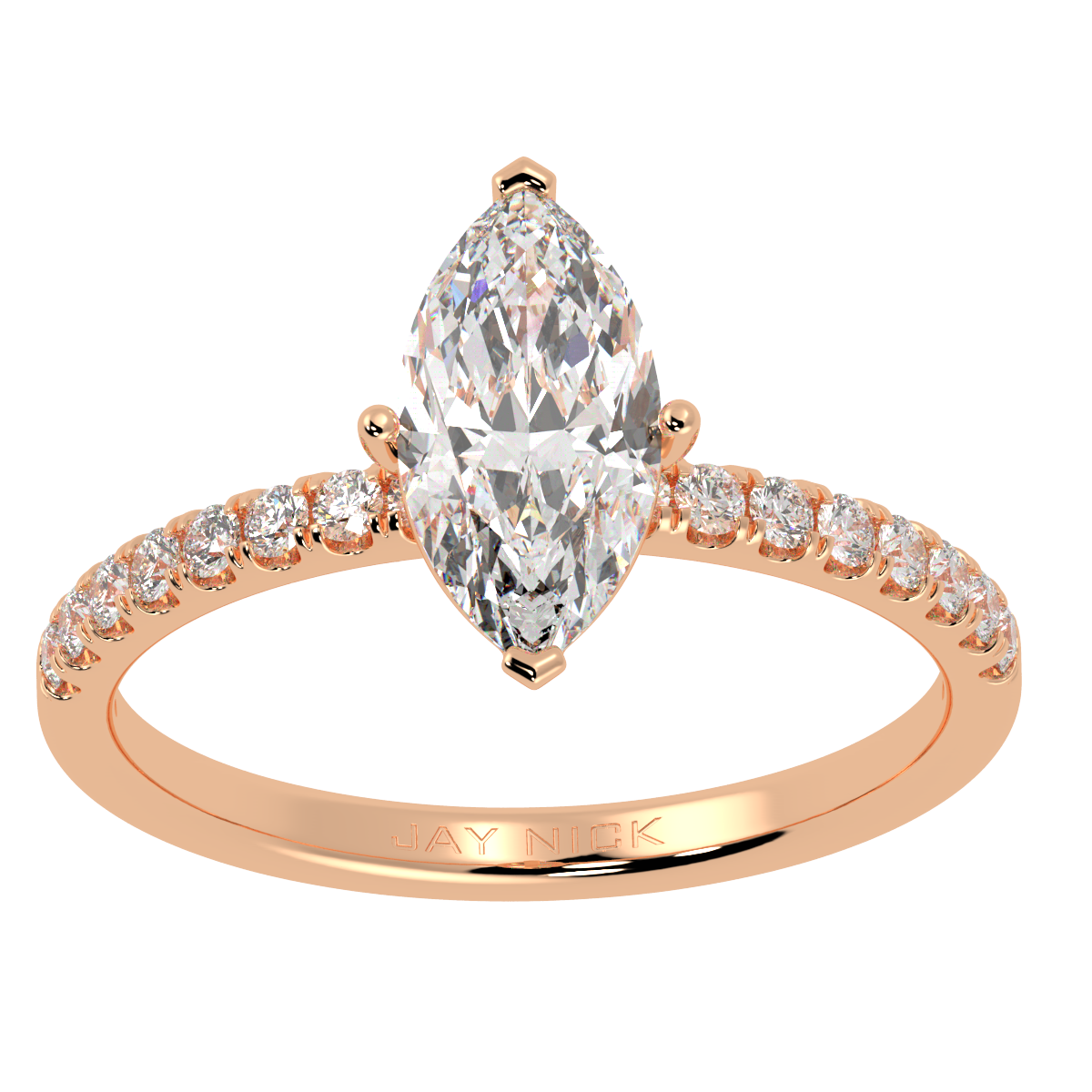 Modern Marquise Cut Diamond Shoulder Ring in rose gold, top view