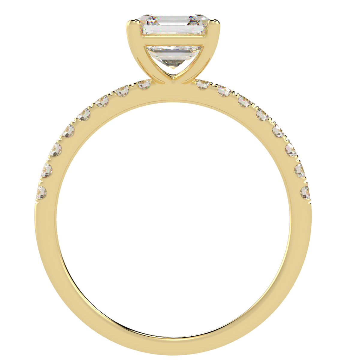 Modern Asscher Cut Diamond Shoulder Ring in yellow gold, flat view