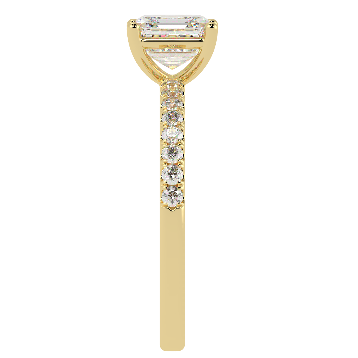 Modern Asscher Cut Diamond Shoulder Ring in yellow gold, side view