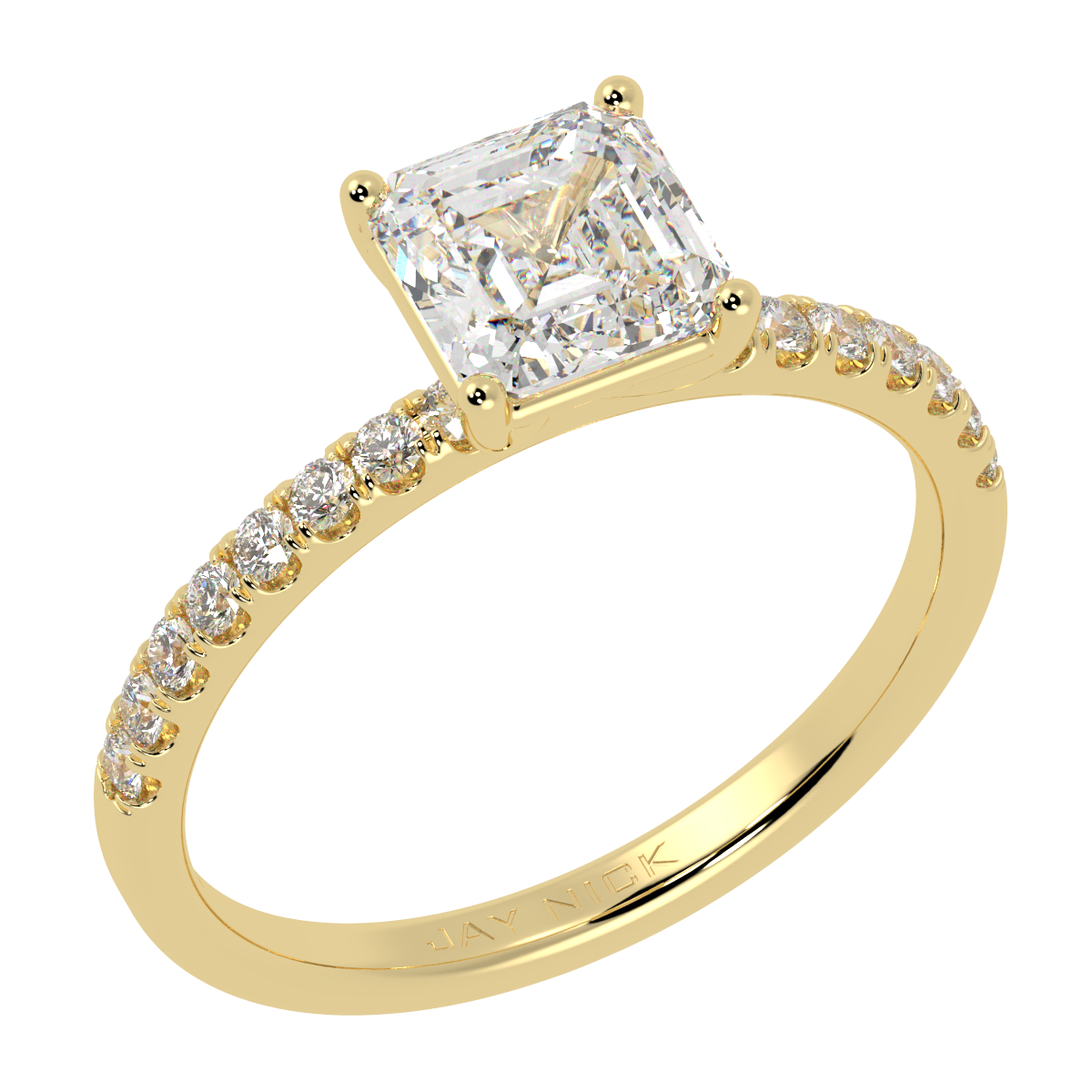 Modern Asscher Cut Diamond Shoulder Ring in yellow gold, perspective view