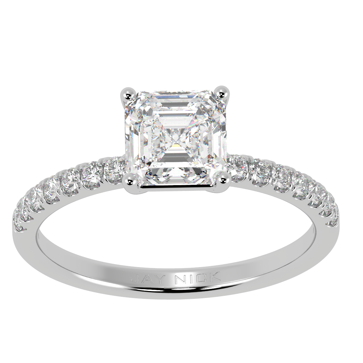 Modern Asscher Cut Diamond Shoulder Ring in white gold or platinum, top view