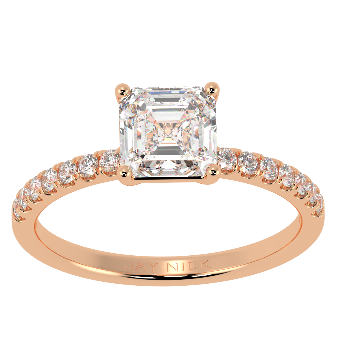 Modern Asscher Cut Diamond Shoulder Ring in rose gold, top view