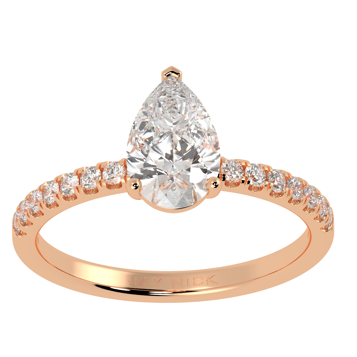 Modern Pear Cut Diamond Shoulder Ring in rose gold, top view