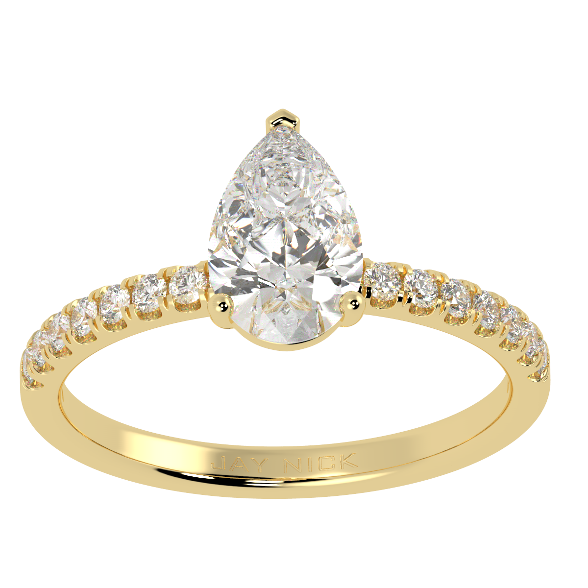 Modern Pear Cut Diamond Shoulder Ring in yellow gold, top view