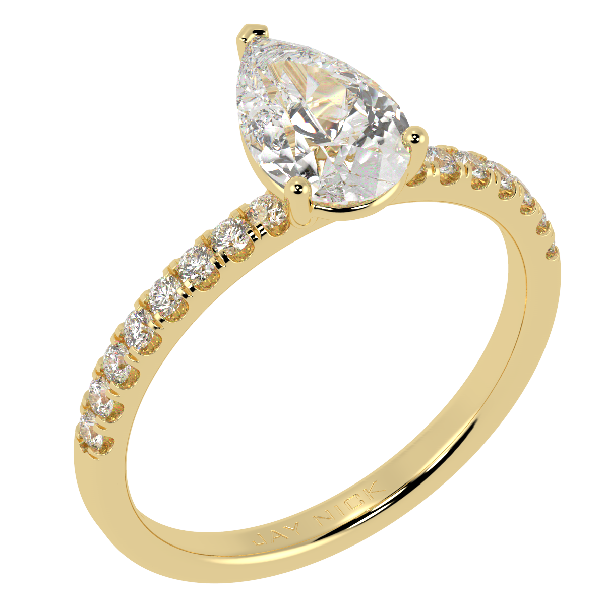 Modern Pear Cut Diamond Shoulder Ring in yellow gold, perspective view