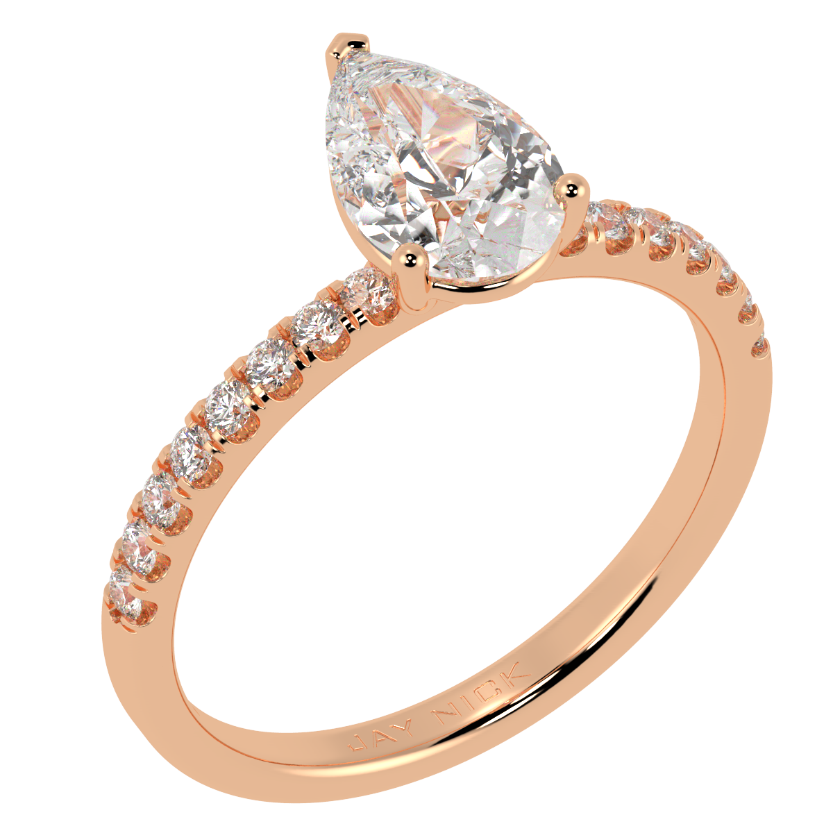 Modern Pear Cut Diamond Shoulder Ring in rose gold, perspective view
