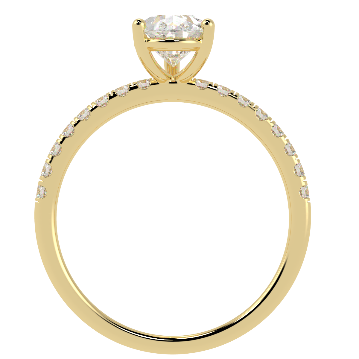 Modern Pear Cut Diamond Shoulder Ring in yellow gold, flat view