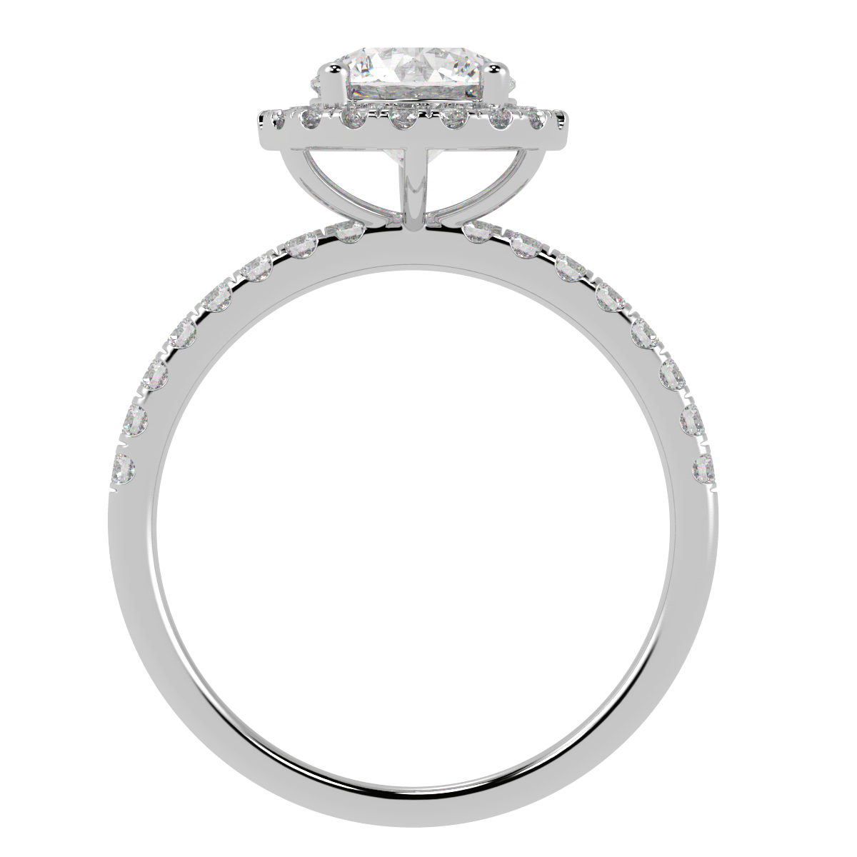 Modern Round Cut Halo Ring in white gold or platinum, flat view