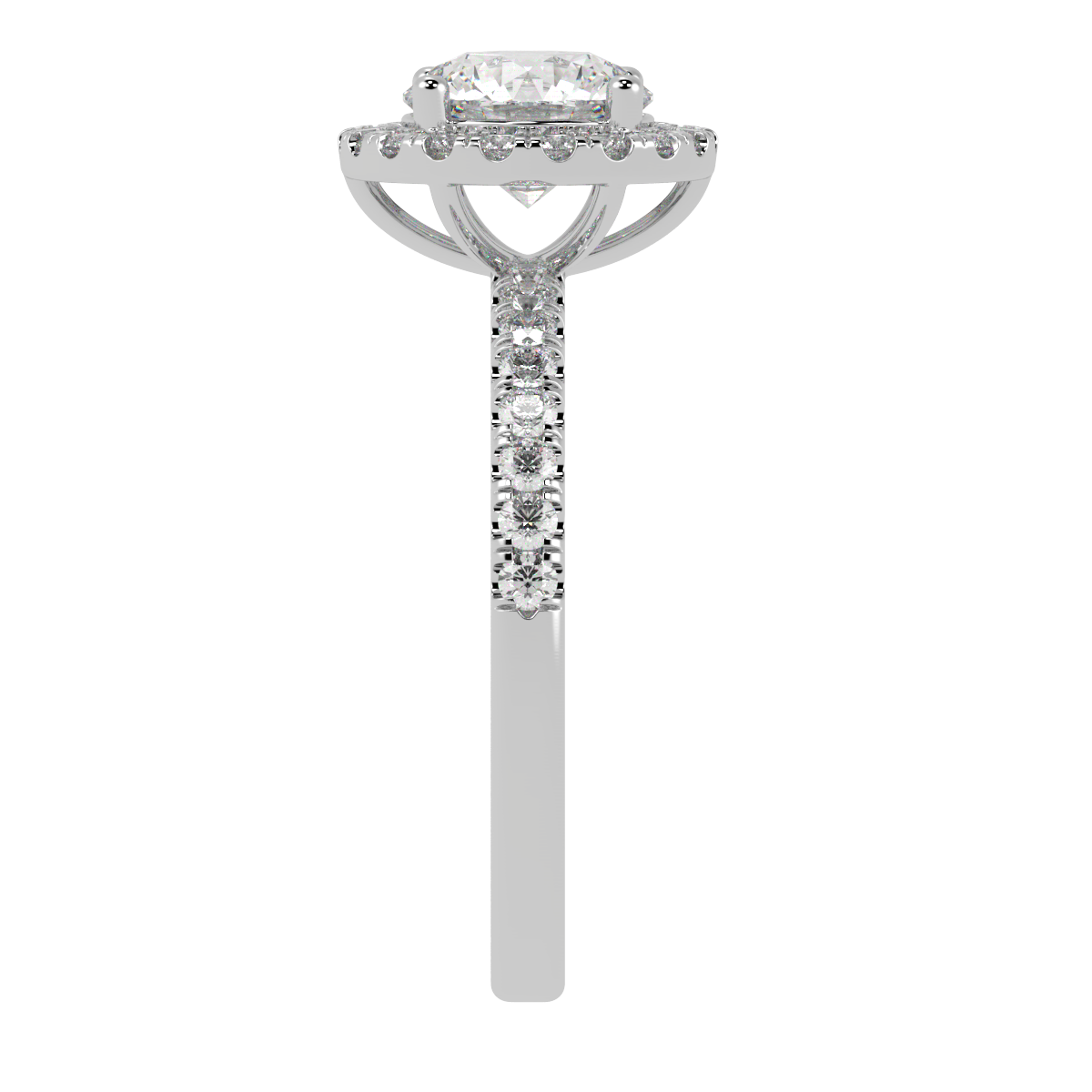 Modern Round Cut Halo Ring in white gold or platinum, side view