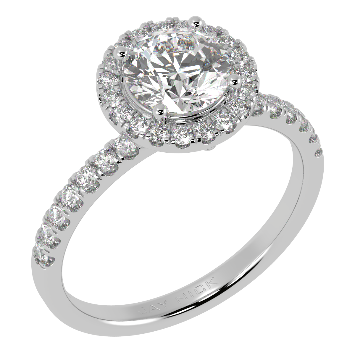 Modern Round Cut Halo Ring in white gold or platinum, perspective view