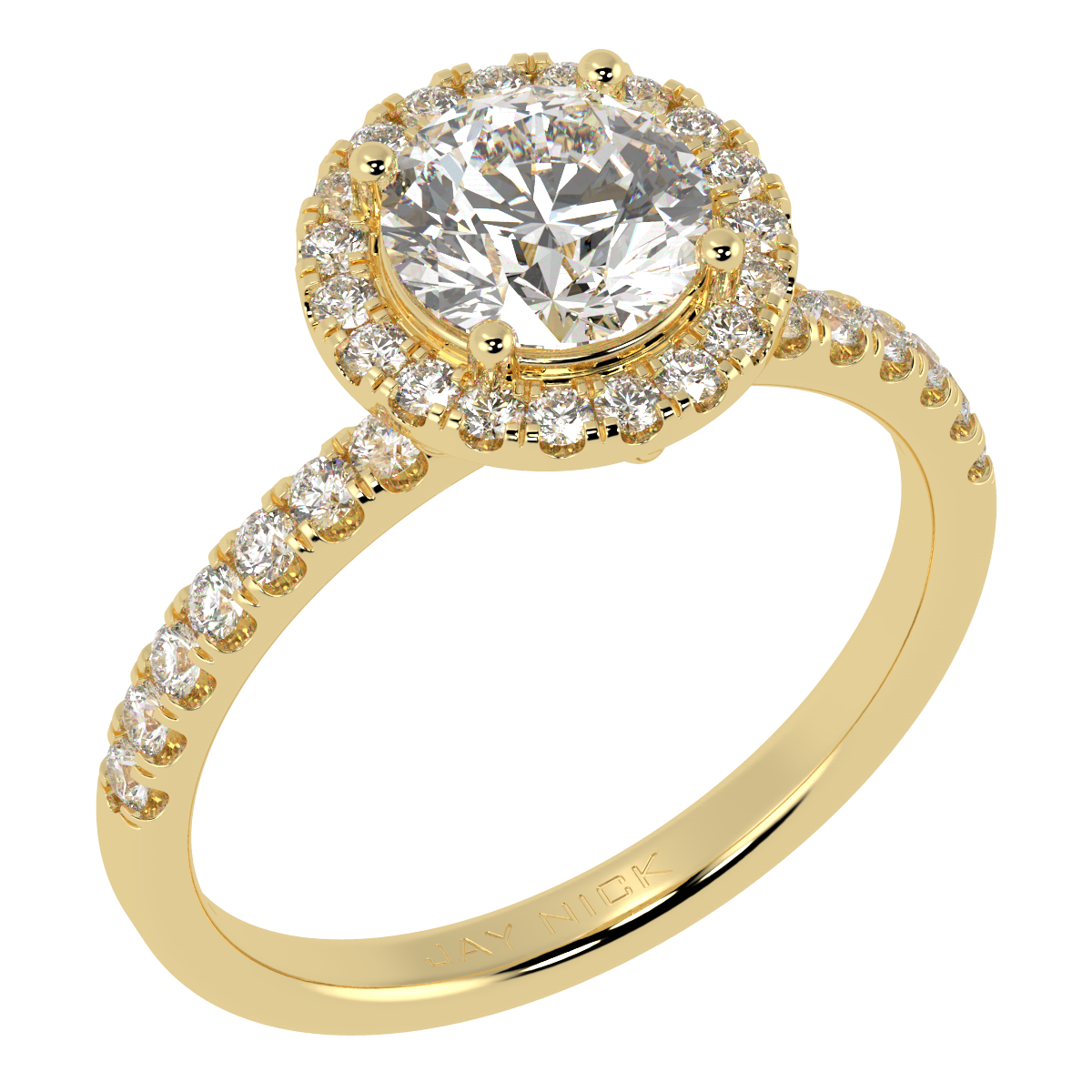 Modern Round Cut Halo Ring in yellow gold, perspective view