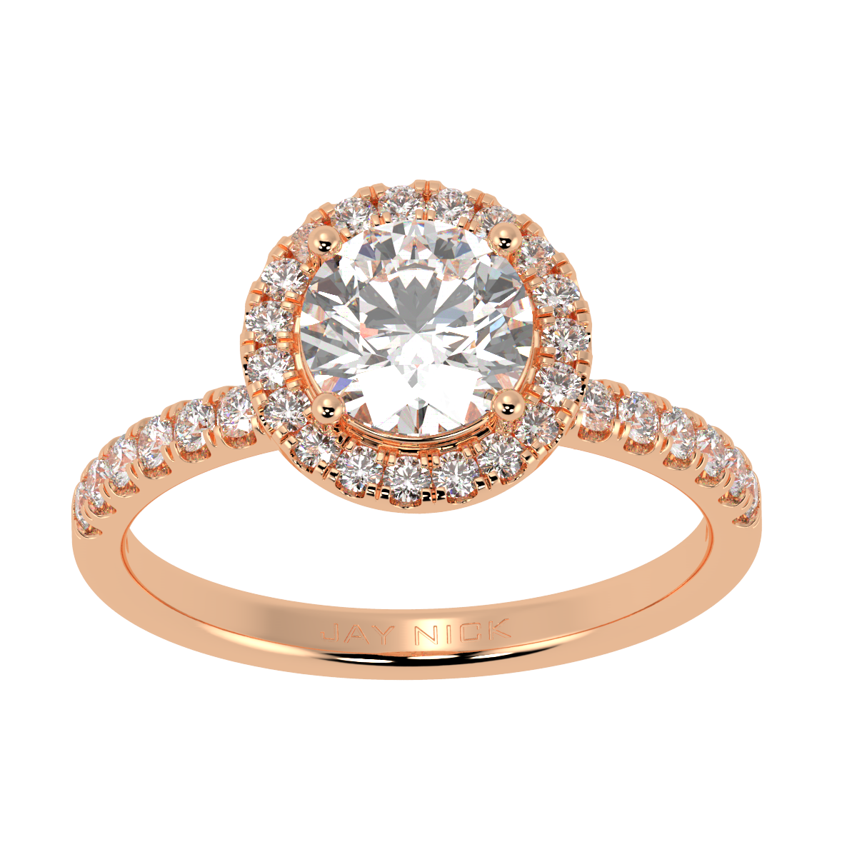 Modern Round Cut Halo Ring in rose gold, top view