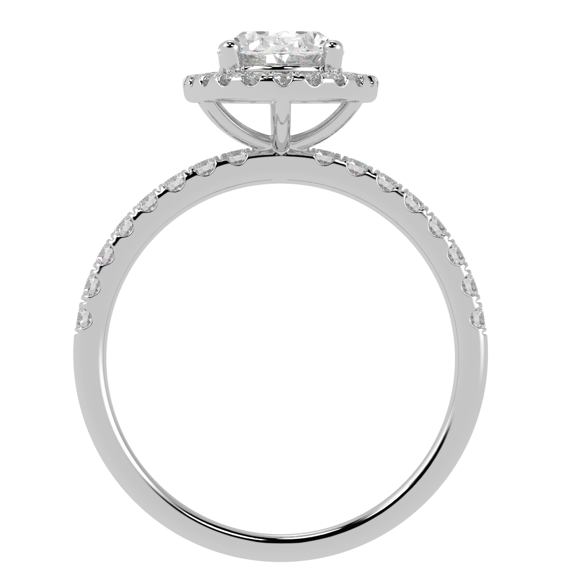 Modern Oval Cut Halo Ring in white gold or platinum, flat view