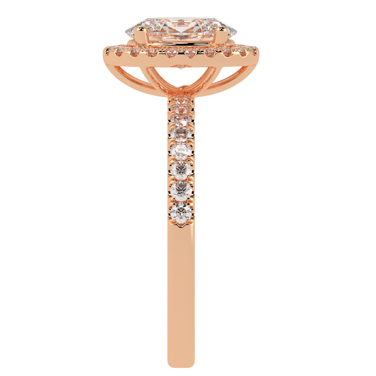 Modern Oval Cut Halo Ring in rose gold, side view