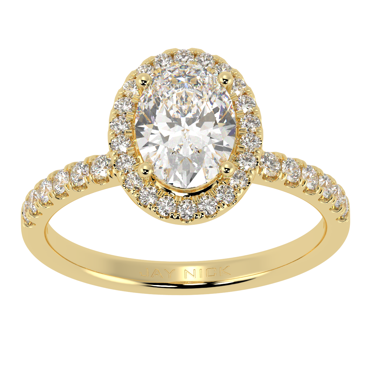 Modern Oval Cut Halo Ring in yellow gold, top view