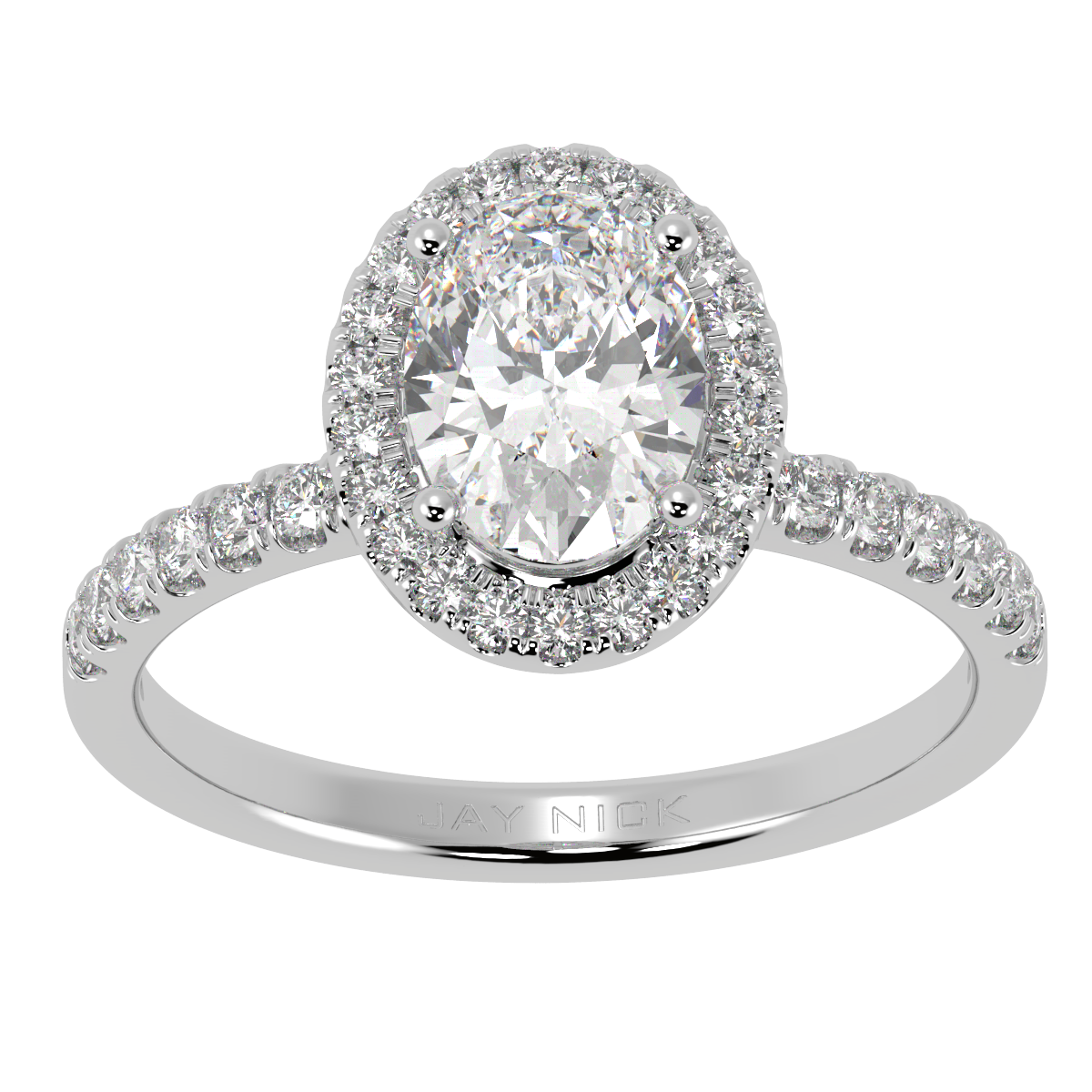 Modern Oval Cut Halo Ring in white gold or platinum, top view