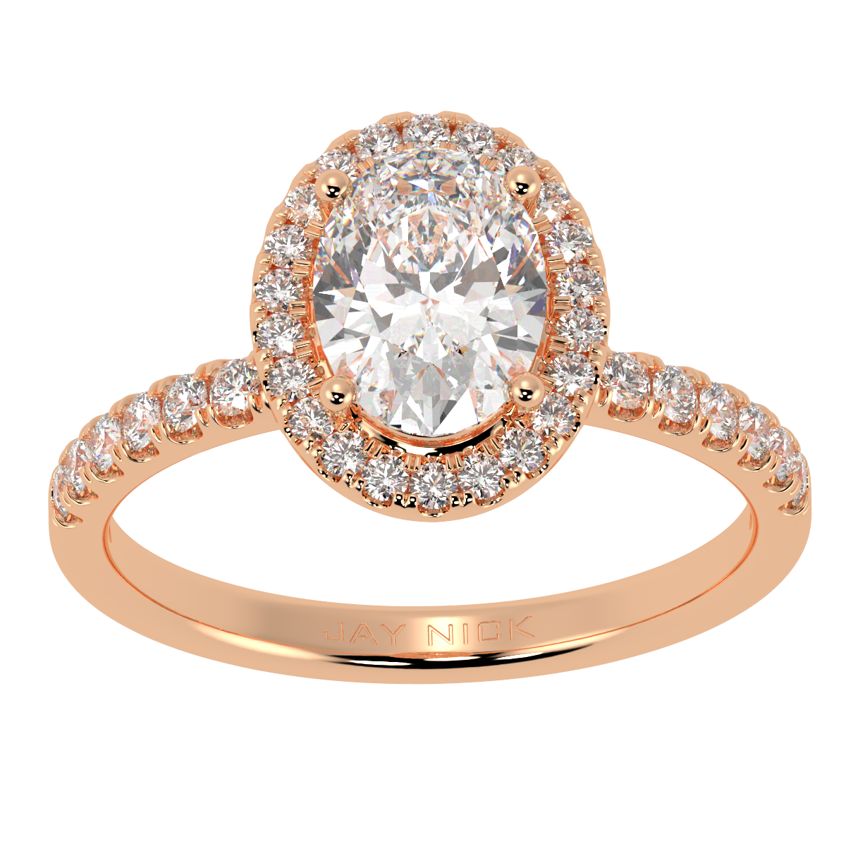 Modern Oval Cut Halo Ring in rose gold, top view