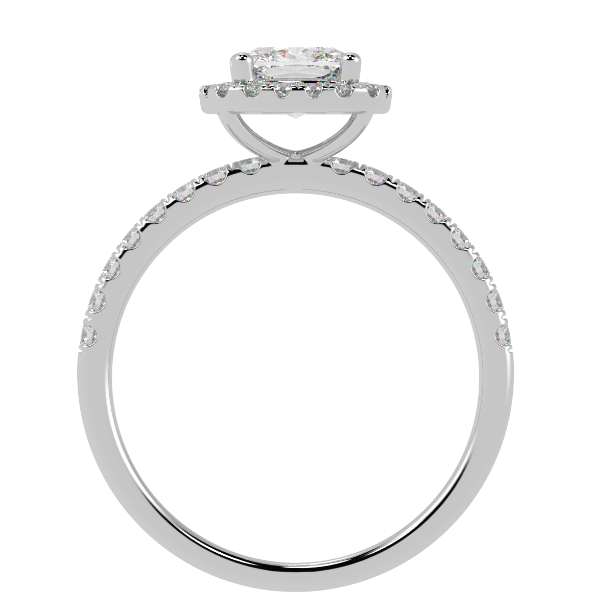 Modern Cushion Cut Halo Ring in white gold or platinum, flat view