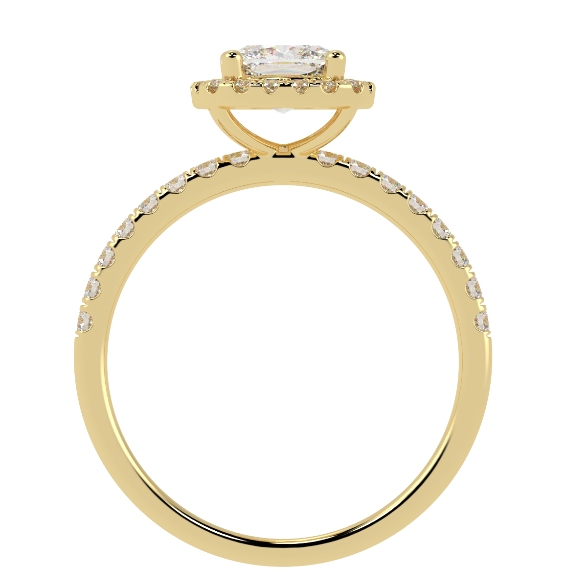 Modern Cushion Cut Halo Ring in yellow gold, flat view