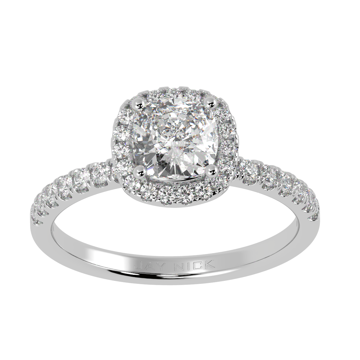 Modern Cushion Cut Halo Ring in white gold or platinum, top view