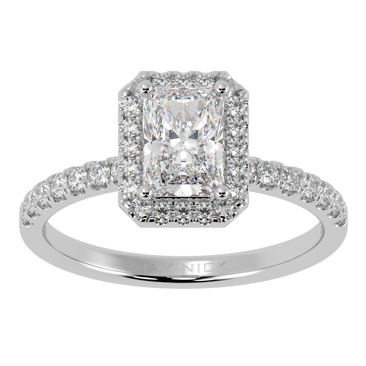 Modern Radiant Cut Halo Ring in white gold or platinum, top view