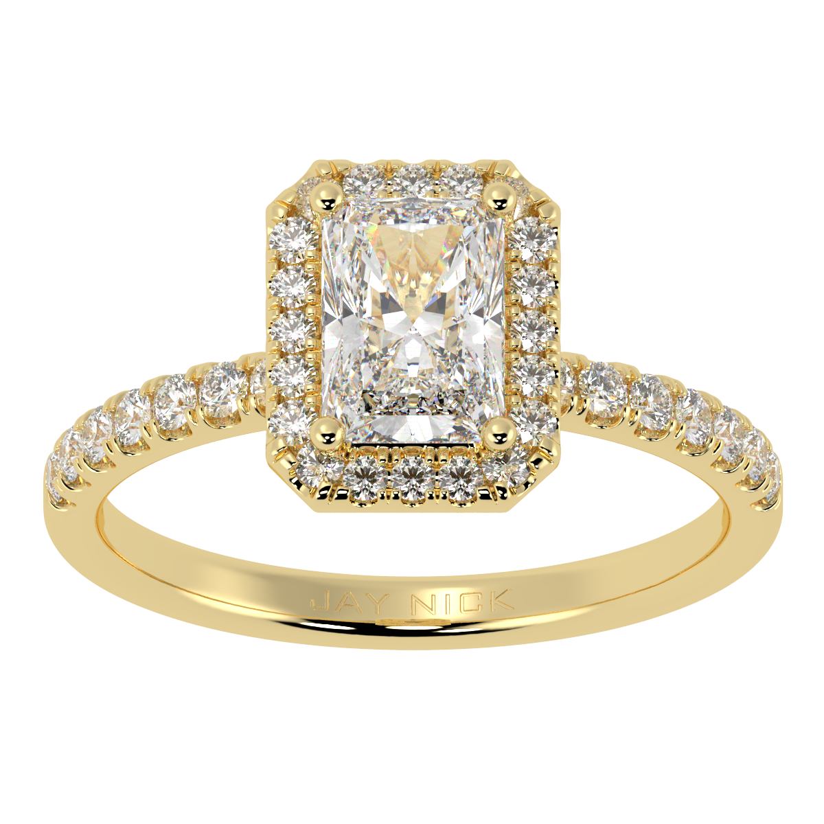 Modern Radiant Cut Halo Ring in yellow gold, top view