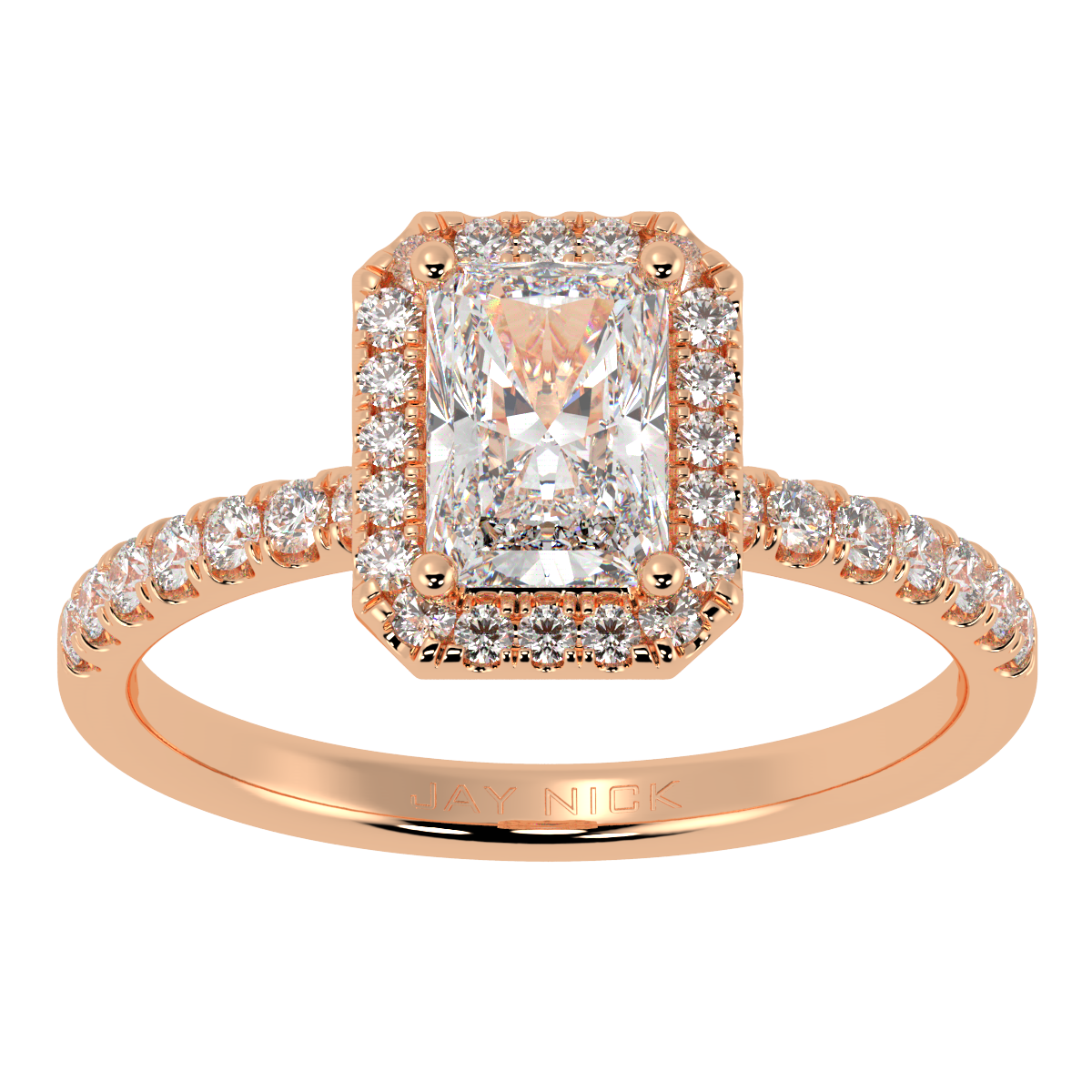 Modern Radiant Cut Halo Ring in rose gold, top view