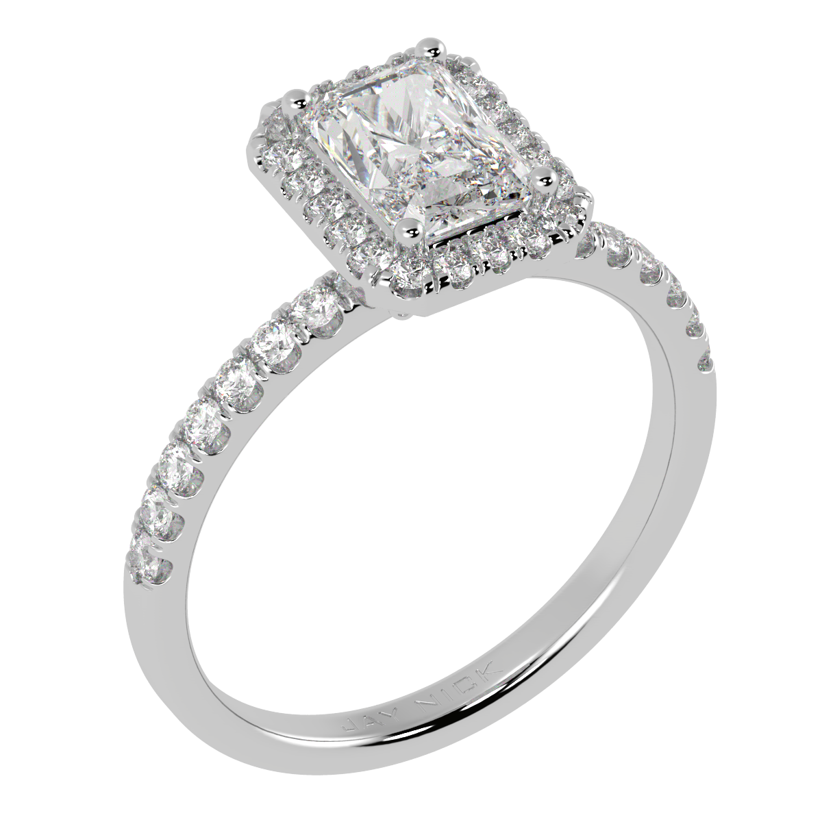 Modern Radiant Cut Halo Ring in white gold or platinum, perspective view