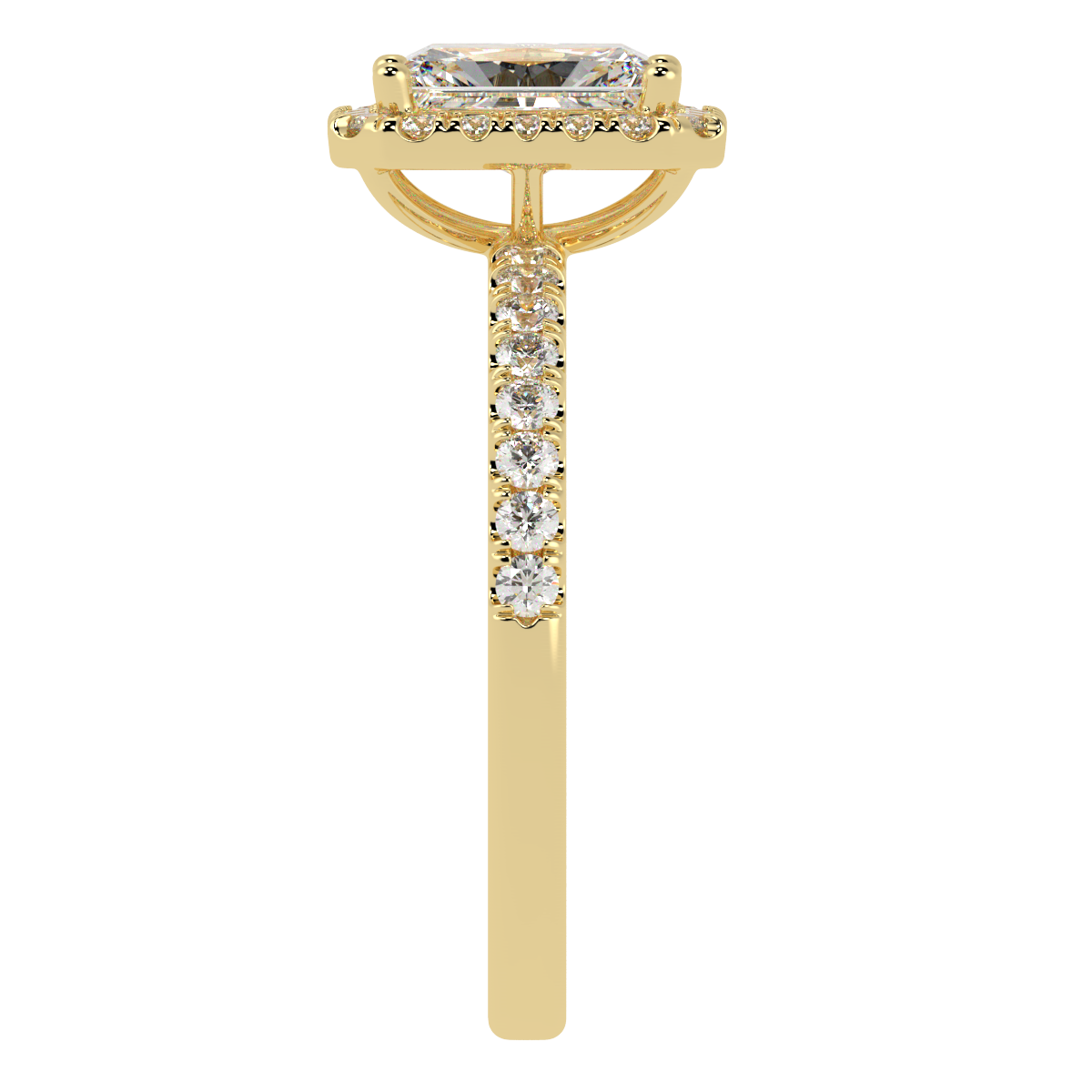 Modern Radiant Cut Halo Ring in yellow gold, side view