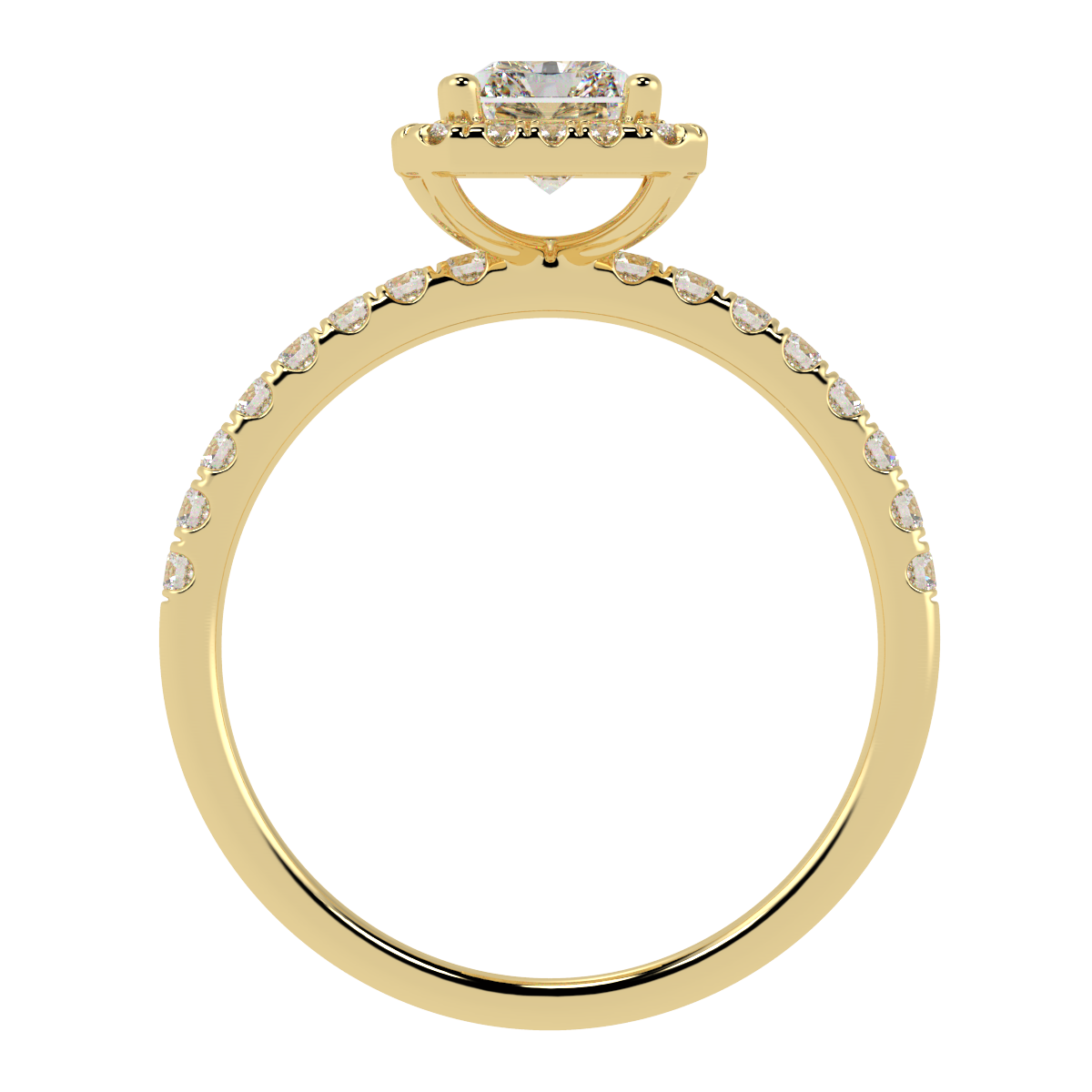 Modern Radiant Cut Halo Ring in yellow gold, flat view