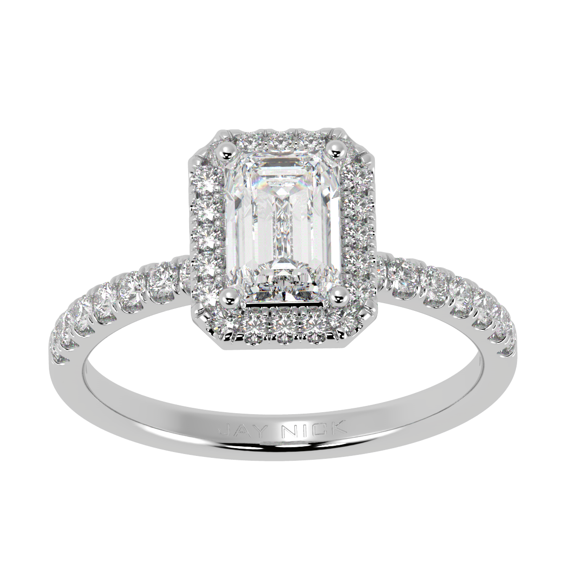 Modern Emerald Cut Halo Ring in white gold or platinum, top view