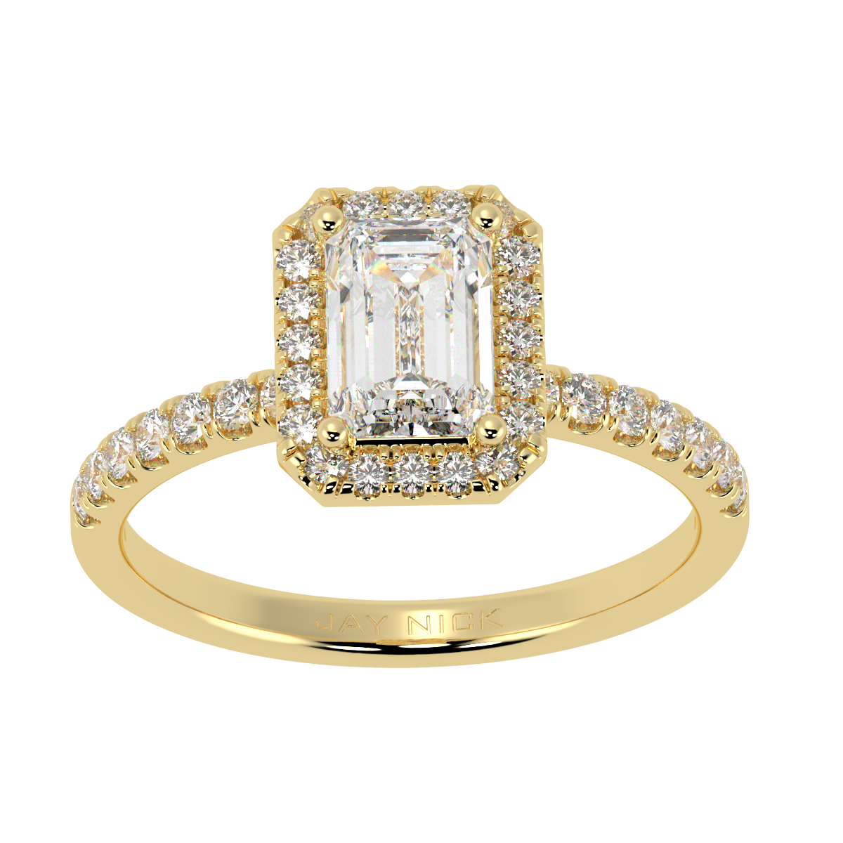 Modern Emerald Cut Halo Ring in yellow gold, top view