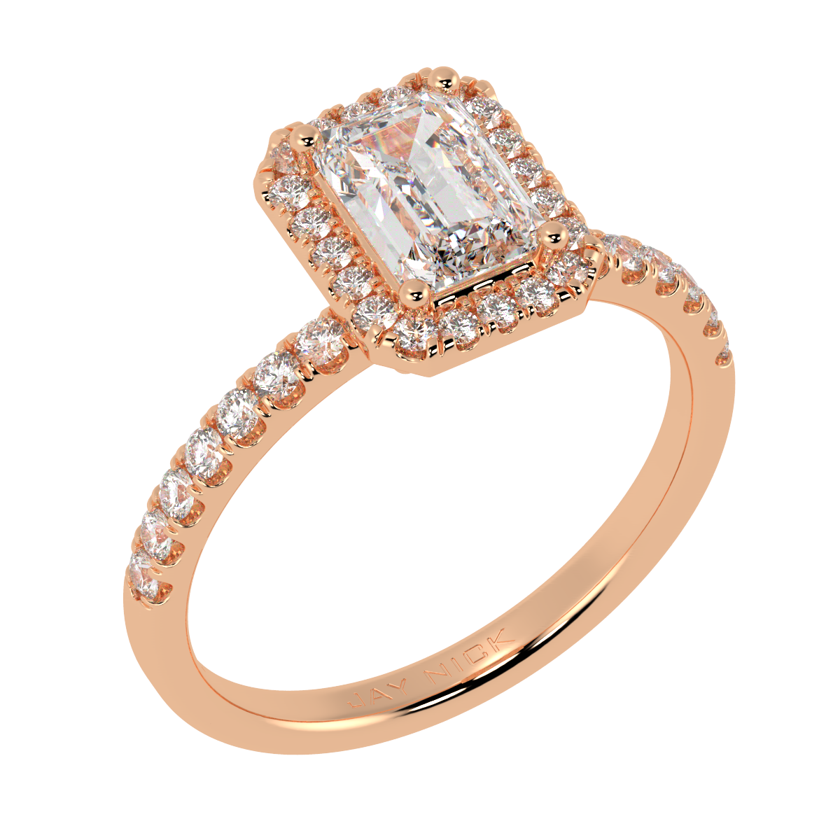 Modern Emerald Cut Halo Ring in rose gold, perspective view