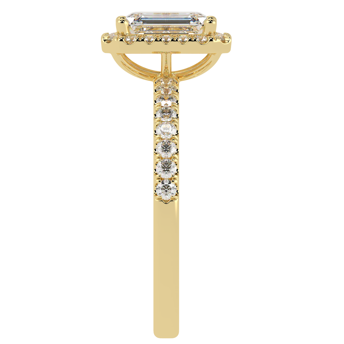 Modern Emerald Cut Halo Ring in yellow gold, side view