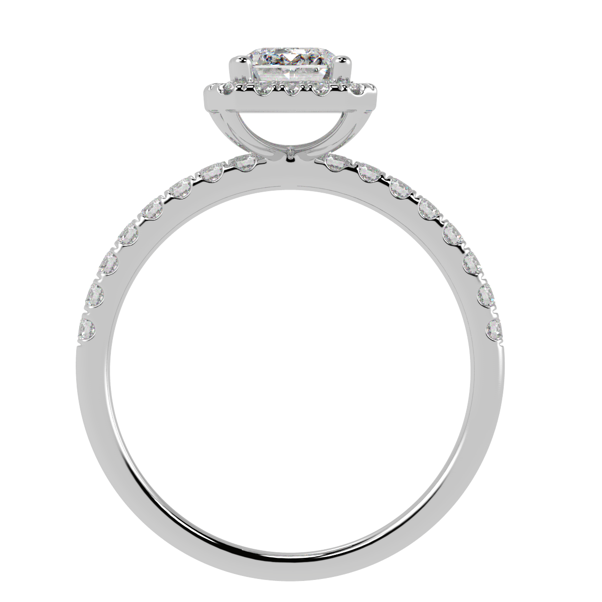 Modern Emerald Cut Halo Ring in white gold or platinum, flat view
