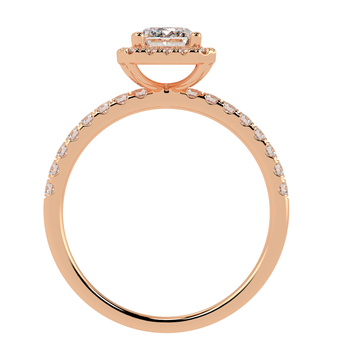 Modern Emerald Cut Halo Ring in rose gold, flat view