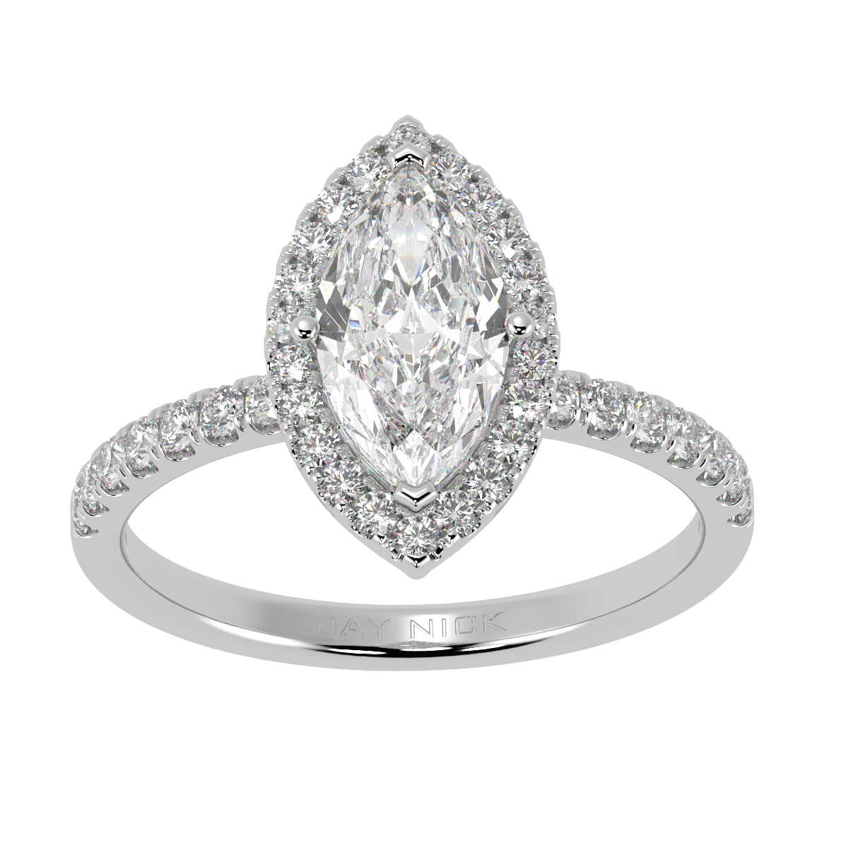 Modern Marquise Cut Halo Ring in white gold or platinum, top view