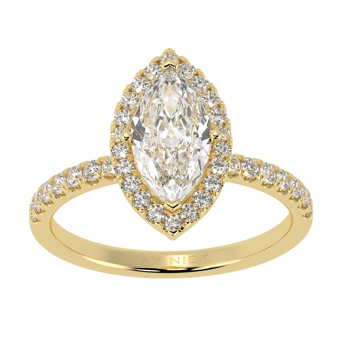Modern Marquise Cut Halo Ring in yellow gold, top view