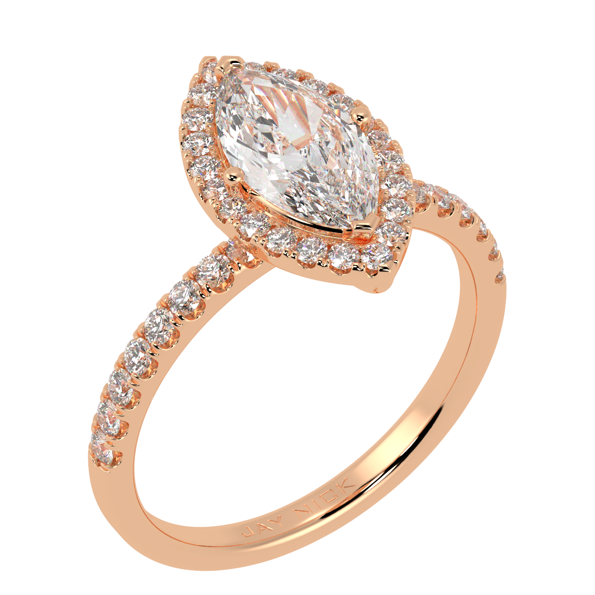 Modern Marquise Cut Halo Ring in rose gold, perspective view