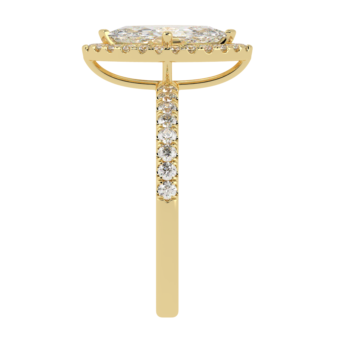 Modern Marquise Cut Halo Ring in yellow gold, side view