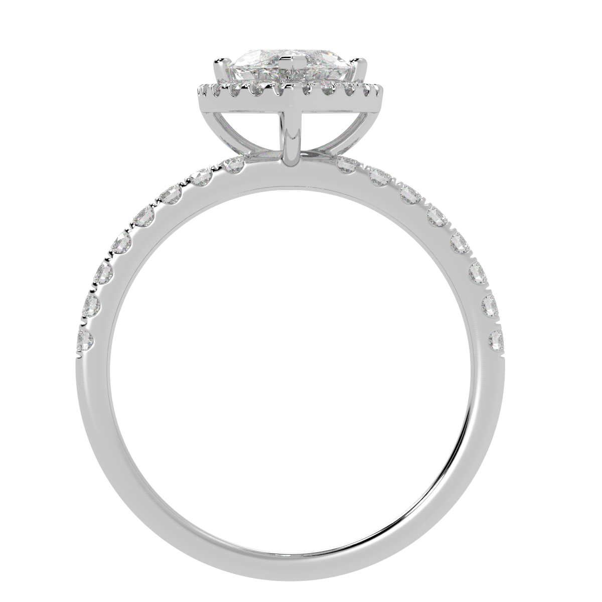Modern Marquise Cut Halo Ring in white gold or platinum, flat view