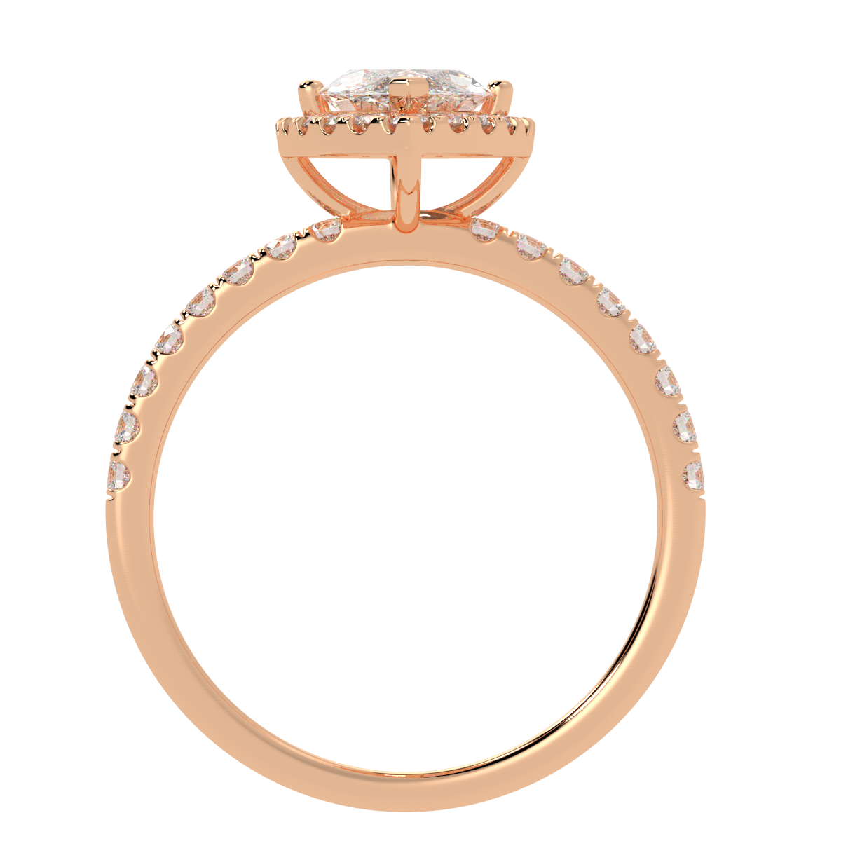 Modern Marquise Cut Halo Ring in rose gold, flat view
