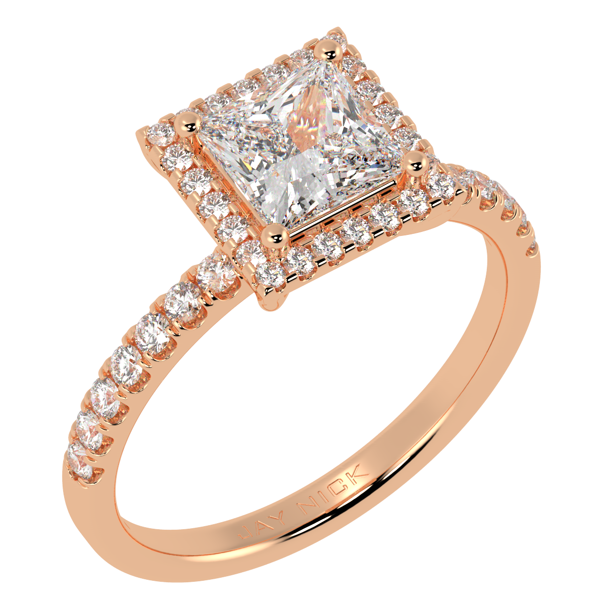 Modern Princess Cut Halo Ring in rose gold, perspective view