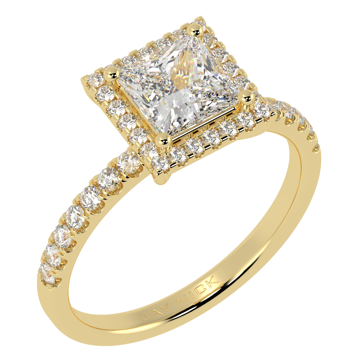 Modern Princess Cut Halo Ring in yellow gold, perspective view