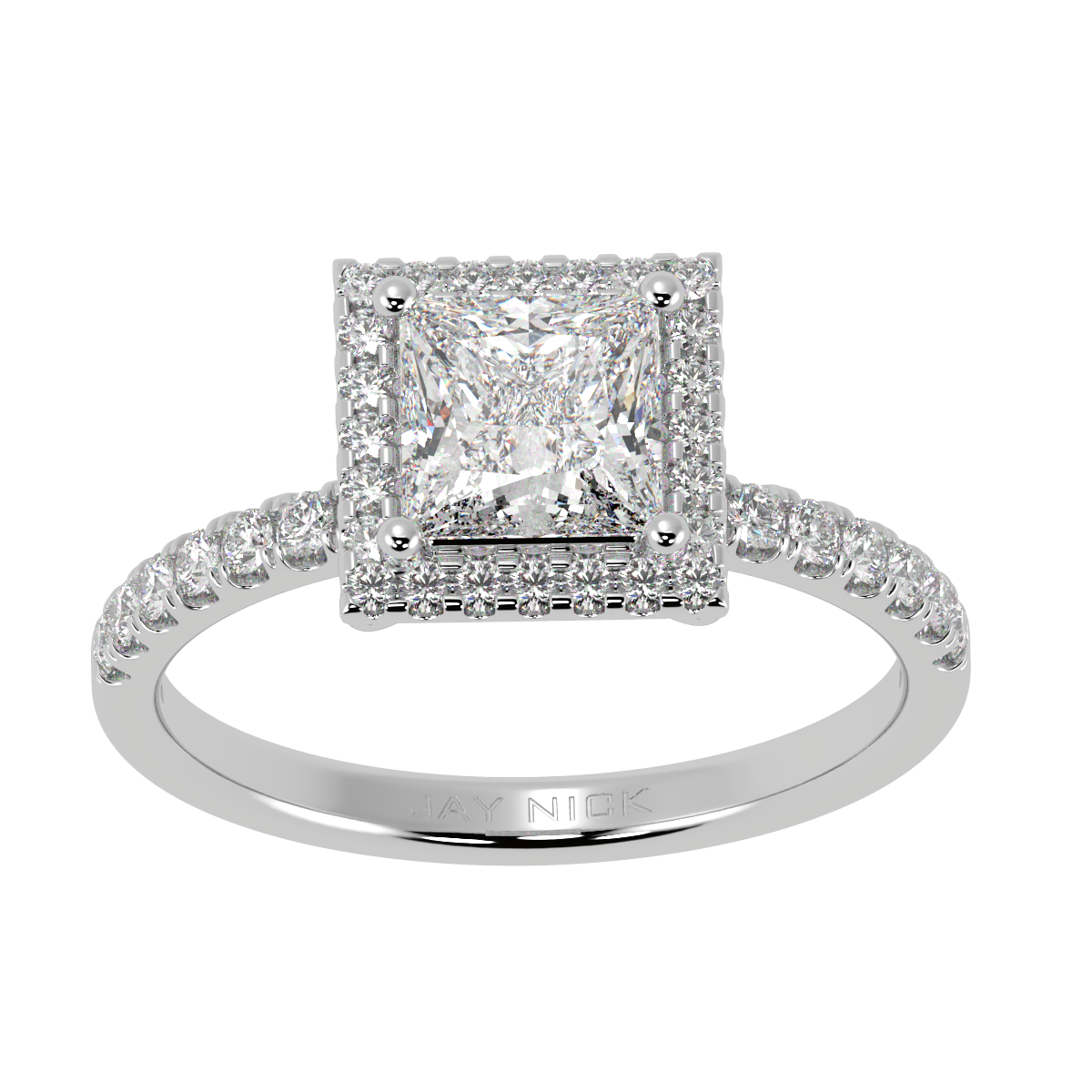 Modern Princess Cut Halo Ring in white gold or platinum, top view