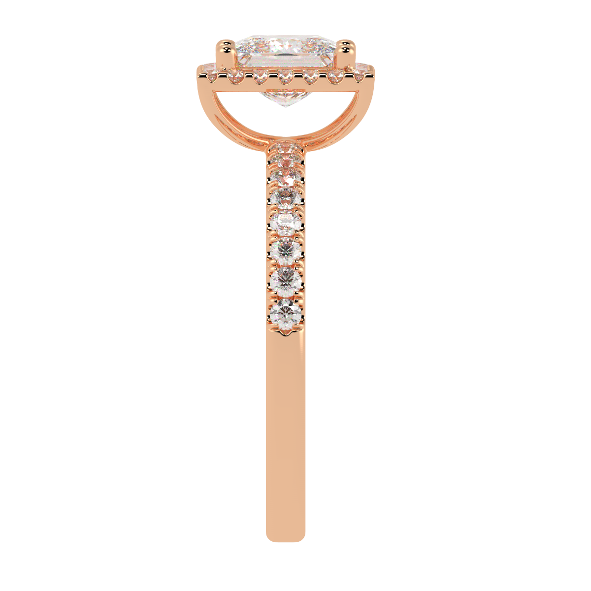 Modern Princess Cut Halo Ring in rose gold, side view