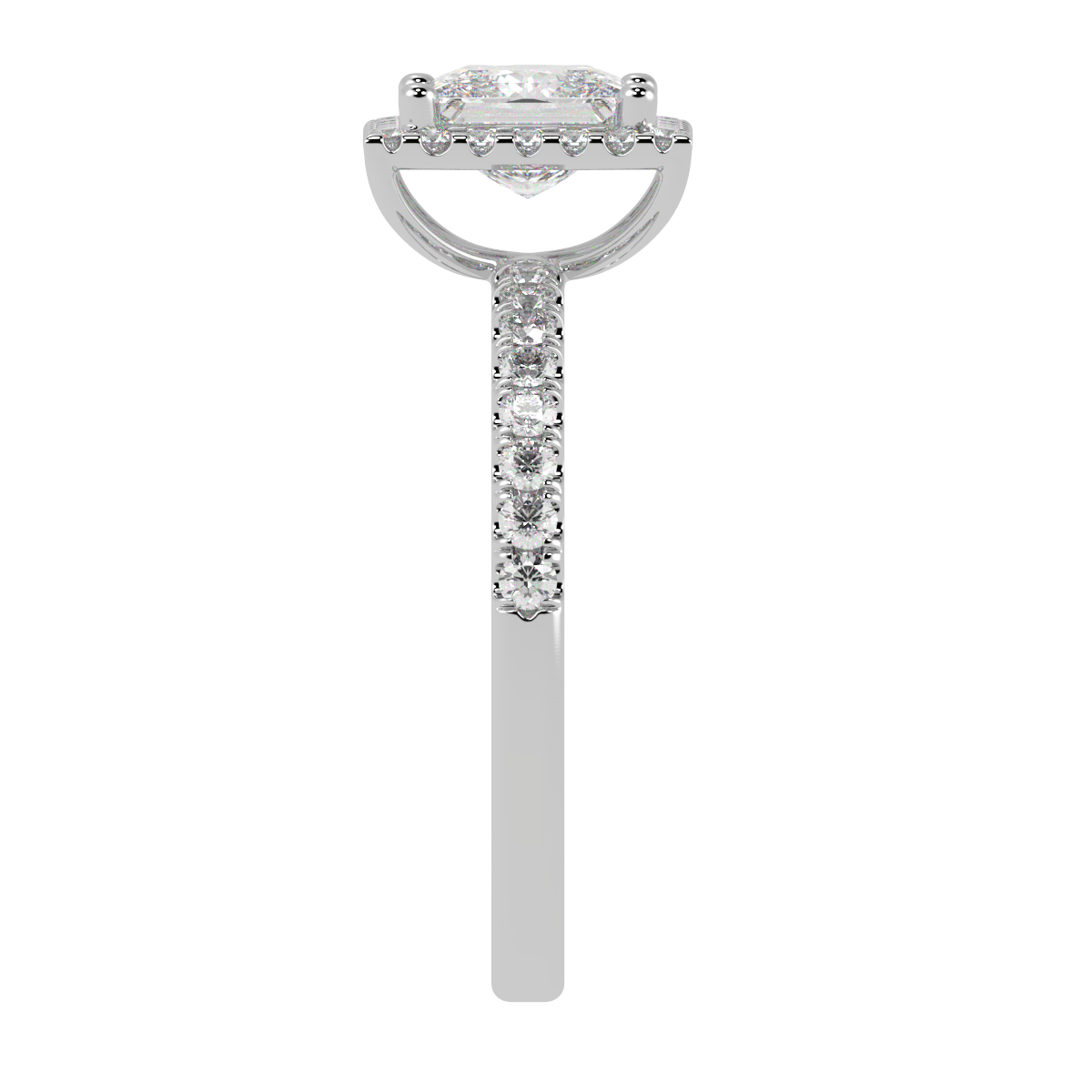 Modern Princess Cut Halo Ring in white gold or platinum, side view