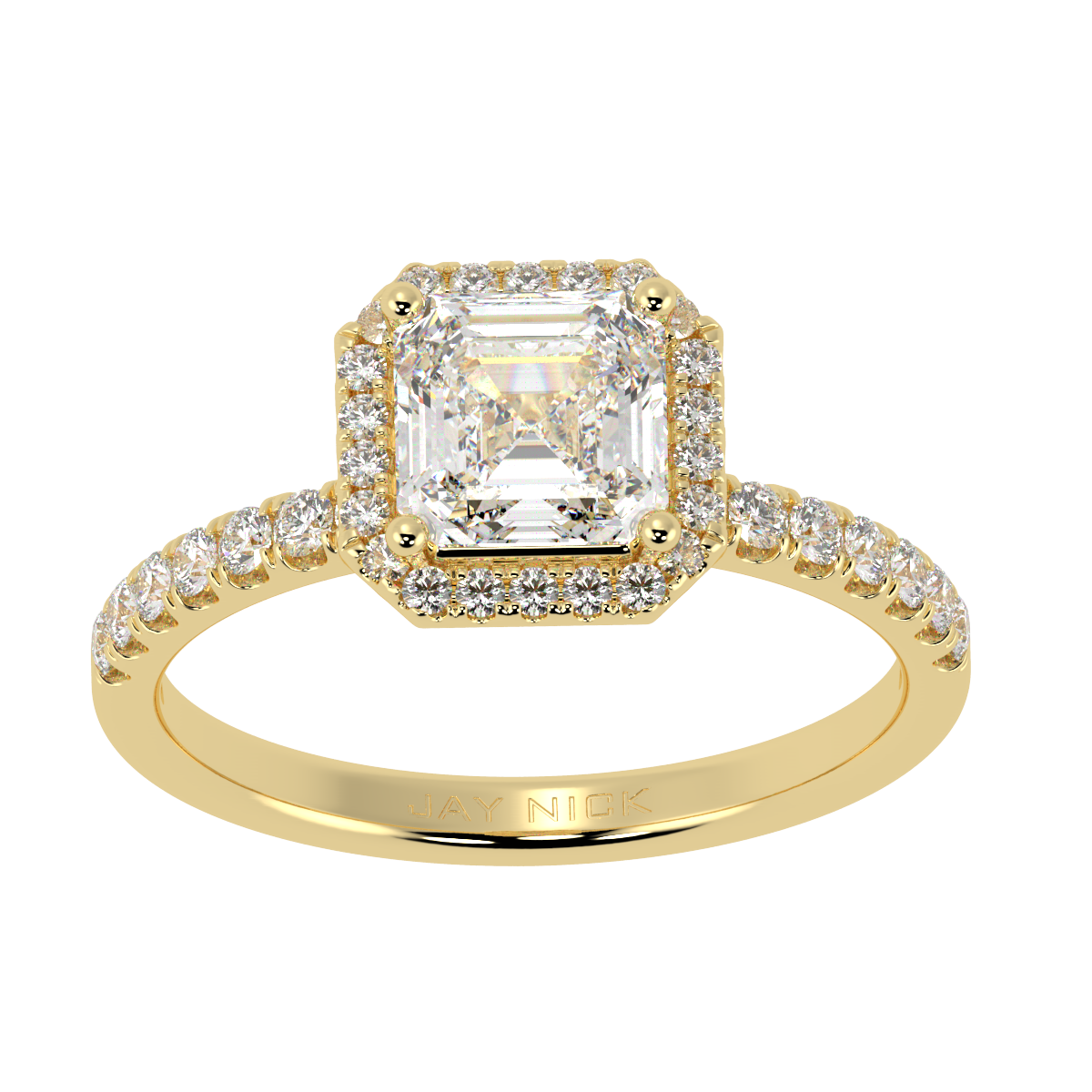 Modern Asscher Cut Halo Ring in yellow gold, top view