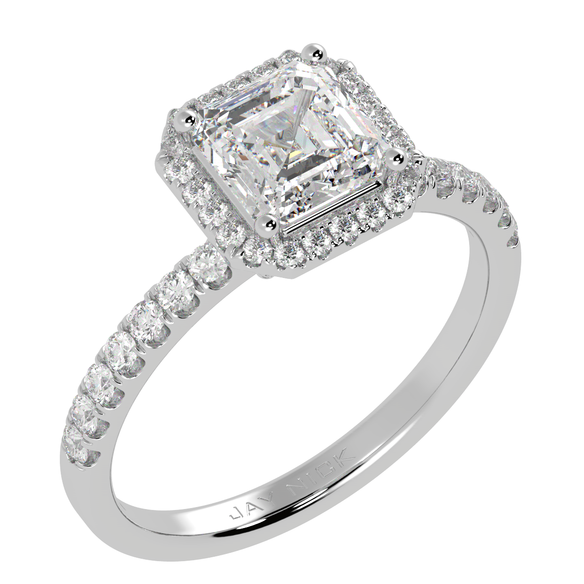 Modern Asscher Cut Halo Ring in white gold or platinum, perspective view