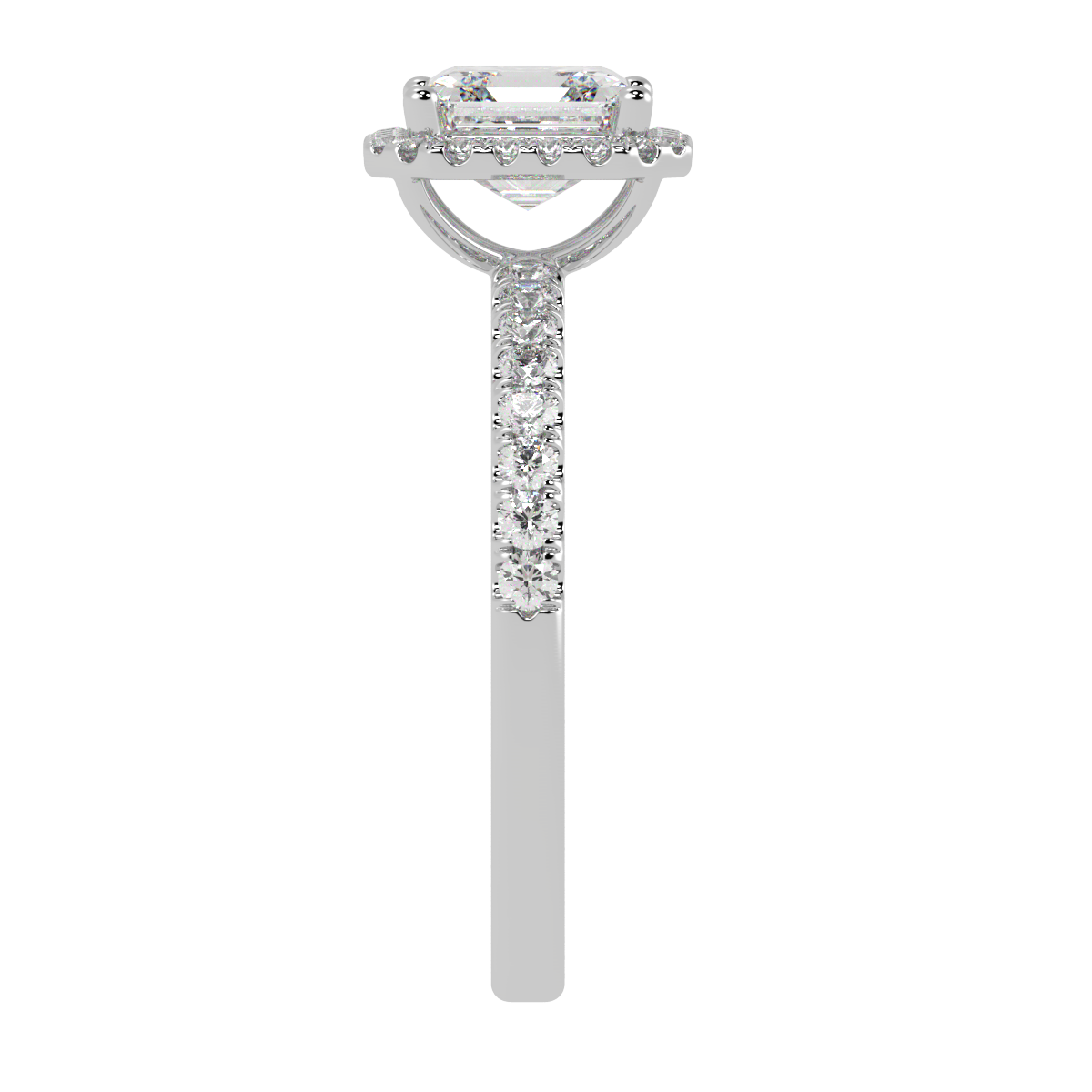 Modern Asscher Cut Halo Ring in white gold or platinum, side view